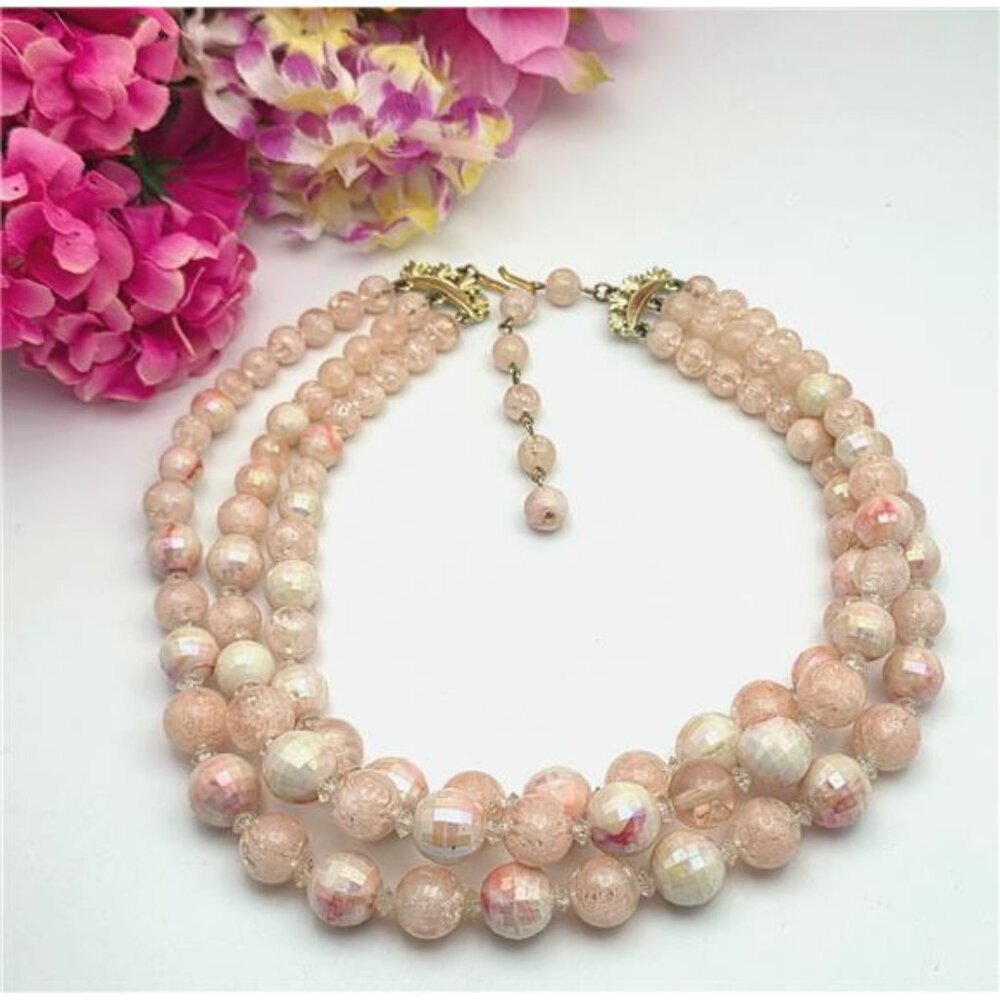 Vintage Coro Pink Lucite Bead Necklace Multi Strand Graduated AB Disco Ball 17 I